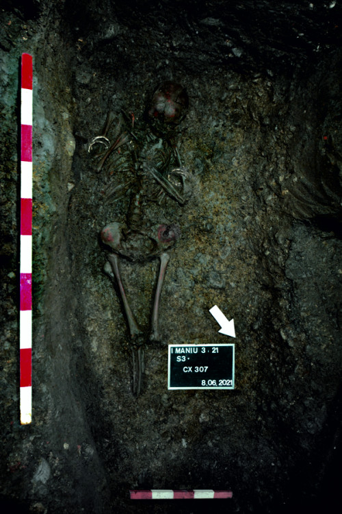 Fig. 7. Mormântul de inhumație (Cx 185/186/307) din perioada neolitică, după prelevarea majorității inventarului funerar.