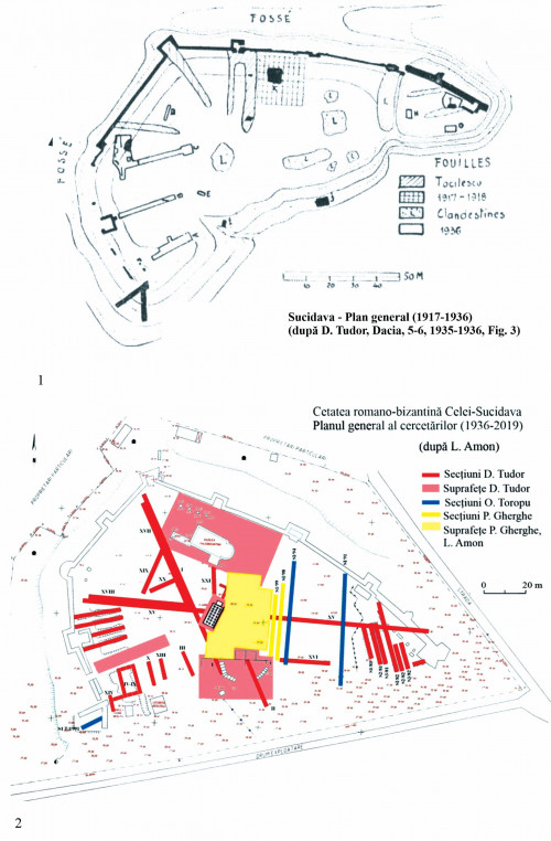 Planșa 1. 1. Sucidava. Planul general al cercetărilor până în anul 1936 (după Dumitru Tudor 1936). 2. Planul general al cercetărilor din perioada 1936-2019 (după Conf. univ. dr. Lucian Amon)