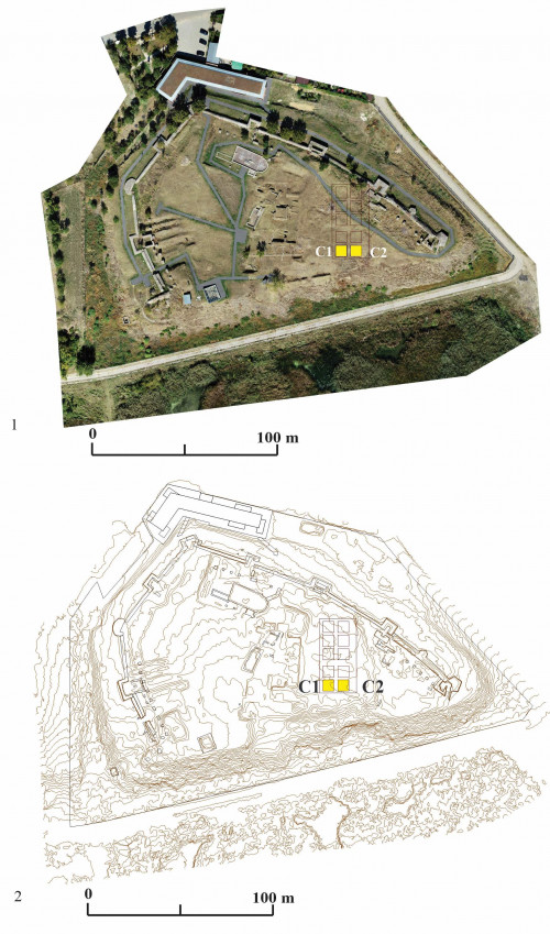 Planșa 2. 1. Sucidava. Ortofotoplan (după Lector dr. Florian Nache, 2020). 2. Planul general al suprafețelor Sectorului de sud-est 