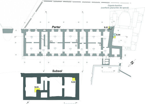 Fig. 2. Plan general al cancelariei Mitropoliei  Greco-Catolice (parter și subsol) și a sondajelor  arheologice din 2022, cu proiecția fostei capele-bastion conform planurilor de epocă.