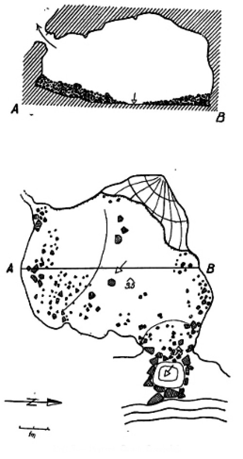 Fig. 2. Peştera Gaura Cocoşului, plan Margareta Dumitrescu 
şi colab. 1967.