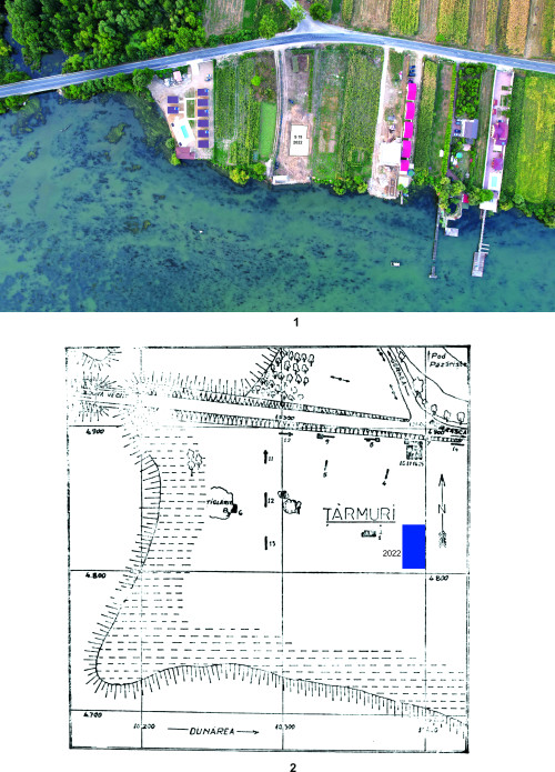 Pl. I. 1 – Săpătura arheologică din 2022; 2 - Săpătura arheologică din 2022 (S19) pe planul general al sitului publicat în 1979.