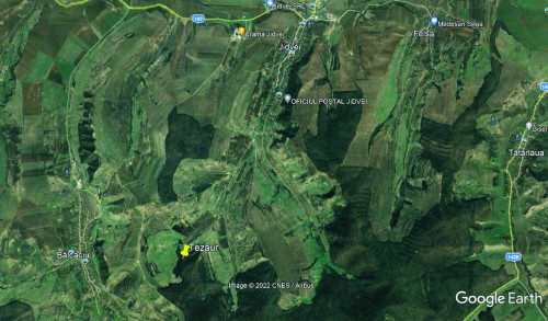 Fig. 2. Captură de imagine satelitară, cu indicarea locului descoperirii, în cadrul UAT Jidvei (Sursa Google Earth).