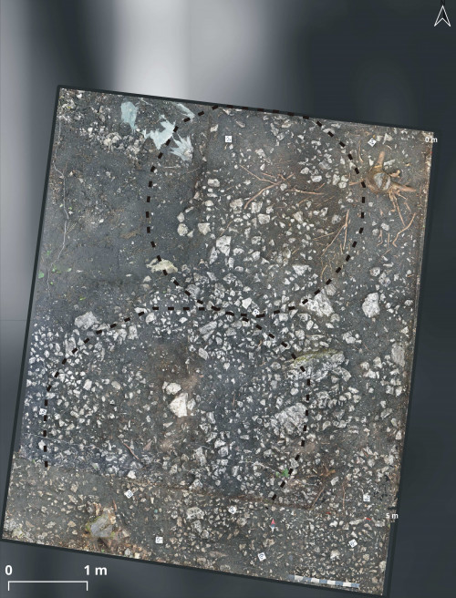 Fig. 2. S-au putut distinge două structuri, cu plan cvasi-circular, având la suprafață forma unor movile puțin înalte, cu diametrul de cca 4 m, foto și prelucrare date pe baza fotogrametriei A. Drăgan.