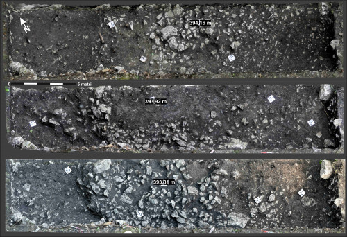 Fig. 4. Segmentul prelungit spre sud, în anul 2023, al suprafeței Sp 10, cu imaginea marginii M2. Se distinge cu claritate evoluția amenajării complexului pe baza fotogrametriei, foto și prelucrare date A. Drăgan.