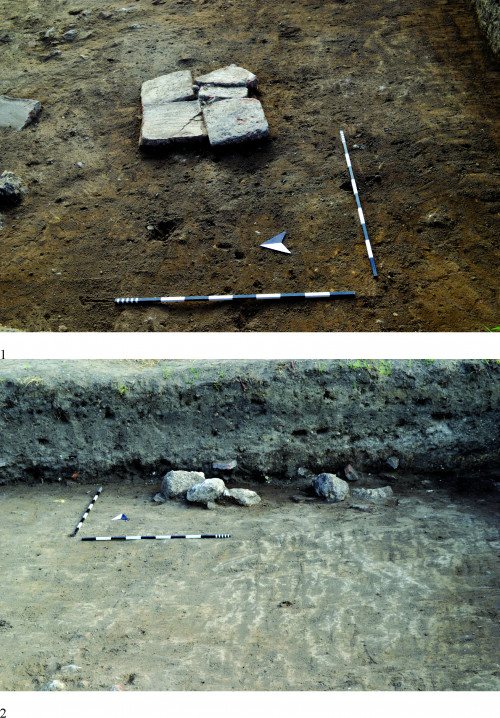 Fig. 1. Amenajare de cărămizi (Cx 1). 2. Zid din calcar (Cx 2).