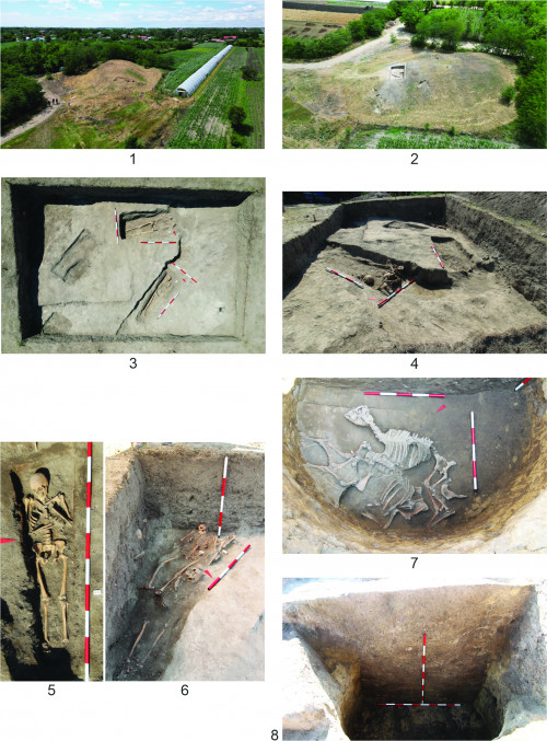 Planșa I. Gherăseni – Movila Cremenea. Fotografii aeriene asupra movilei: 1-dinspre N; 2-dinspre V; imagini generale din timpul săpăturilor (3-4); Mormântul 10 (5); Mormintele 13 și 13A (6); Groapa 3 (7-8).