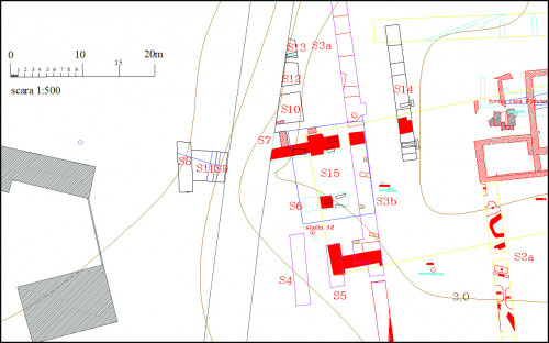 Fig. 2. Edificiul roman timpuriu, cu roşu.