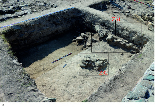 Fig. 5. a. Caseta B4 – Vedere dinspre nord-vest: sunt ilustrate cele două nivele de sol (podele de lut galben), situate la adâncimea de 1,60 m, respectiv 1,84 m.