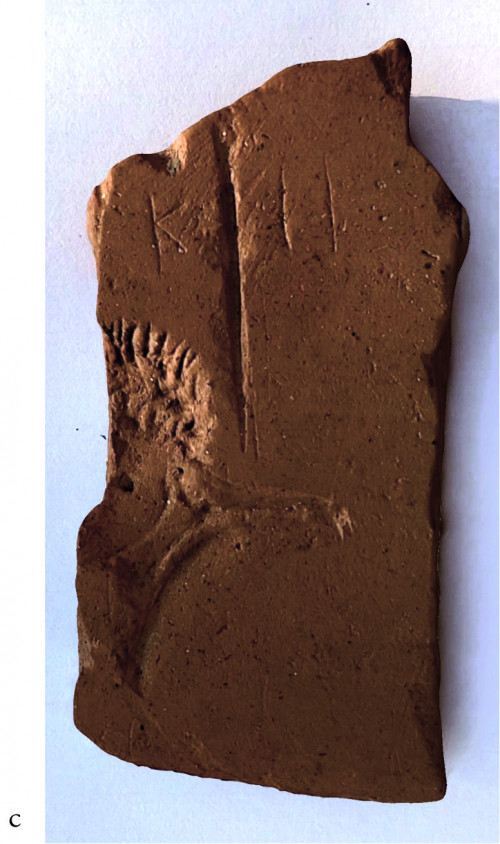 Fig. 5. c. Fragment de platou de diametru mare cu reprezentarea unei figuri umane și graffito (context 806)/(IA, M. Catargiu, 2023).