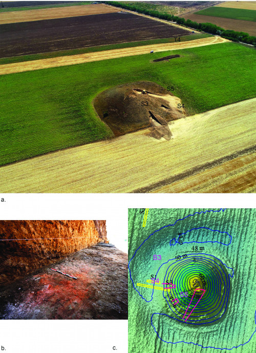Fig. 2. Callatis, Movila Dulcești: a) vedere aeriană spre est; b) strat de praf de piatră pe nivelul de amenajare a movilei provenit de la prelucrarea in situ a unor blocuri din calcar portocaliu, S3; c) planul săpăturilor din 2021 (galben) și 2023 (roz).