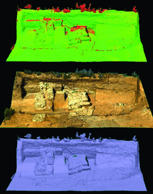 Fig. 2.2. Micia, Sector NE Amfiteatru, Campania 2023: Exemplu de modelare 3D a unei structuri componente a castrului (scanare și prelucrare Cristian Gheorghe - BIM GIS CONCEPT).
