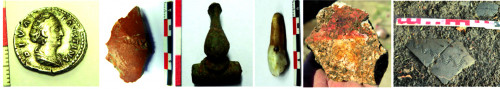 Fig. 1. d. Denar descoperit în nivelul de călcare din faza intermediară (S1); e – Fibulă din bronz descoperită în nivelul fazei intermediare (S1); f – Fragment de terra sigillata cu ștampila ALAVC(IMA) (S1); g – Pandantiv din incisiv de cal descoperit în nivelul de distrugere a fazei de lemn (S1); h – Fragment de tencuială pictată provenind din dărâmătura fazei de lemn (S1); i - Fragment ceramic identificat în complexul Cx 25 (S2).