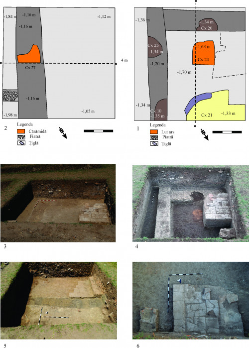 Fig. 1. - 1. Plan al casetei C12. 2. Plan al casetei C11. 3. Profilul de nord-est al casetei C12. 4. Profilul de sud-est al casetei C11. 5. Imagine cu caseta C12. 6. Imagine cu caseta C9