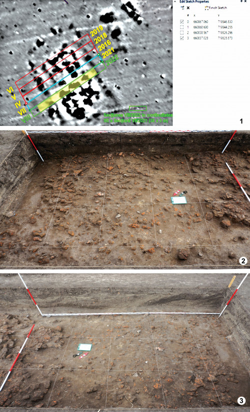 Fig. 1. Ripiceni-Holm - 1. Secțiunea S. VIII/2022 și 2023 (marcaj galben) cu coordonatele sale (prelucrare grafică D. Boghian, A. Asăndulesei); 2-3. S/L. 5, m. 3-8 – nivelul al doilea de lipituri, vederi dinspre NNV și SSE (foto M. S. Ciupu)