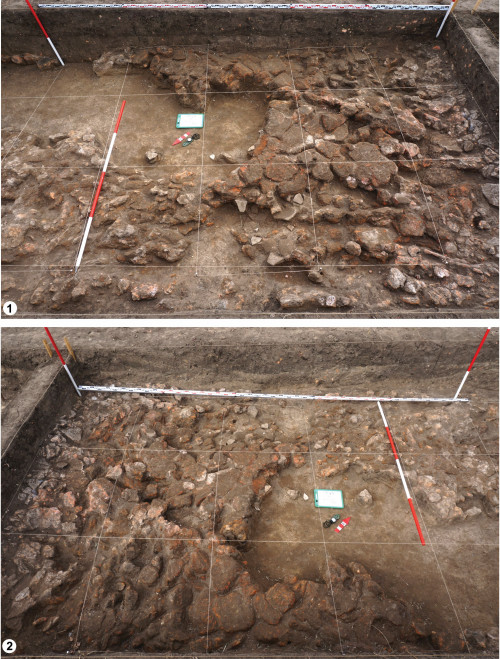 Fig. 7. Ripiceni-Holm. 1-3. Complexe arheologice din S/L. 6 pe podeaua de lut; 4. Profilul transversal de ENE al martorului de la m. 15 (S/L 6) (foto M. S. Ciupu).