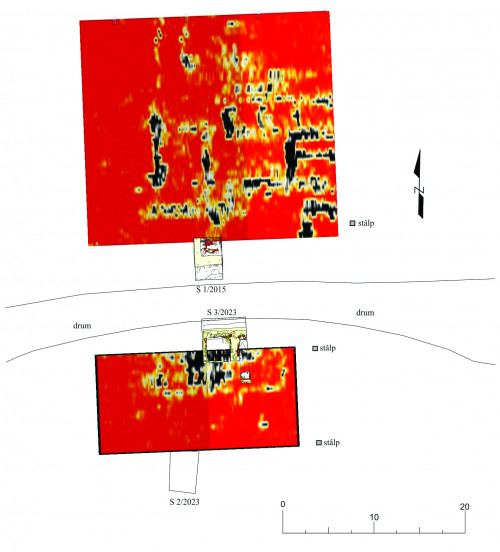Fig. 5. Sântion - Movila Mănăstirii/Kolostordomb. Plan general al săpăturilor suprapus cu rezultatele scanării georadar.