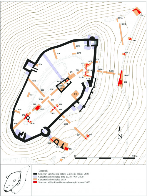 Fig. 3. Plan general al Cetății Saschiz și al cercetărilor arheologice efectuate.