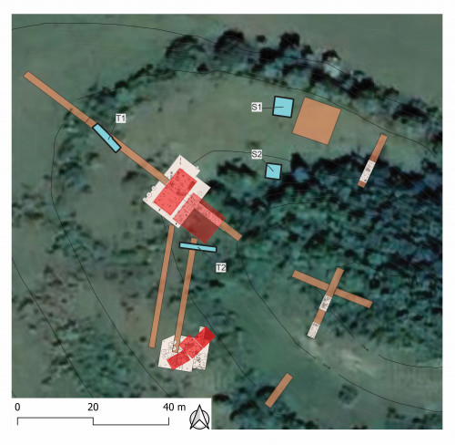 Fig. 1. Cercetările arheologice la situl Şincai „Cetatea Păgânilor” în anii 1970, 1990 (maro) și 2023 (albastru).