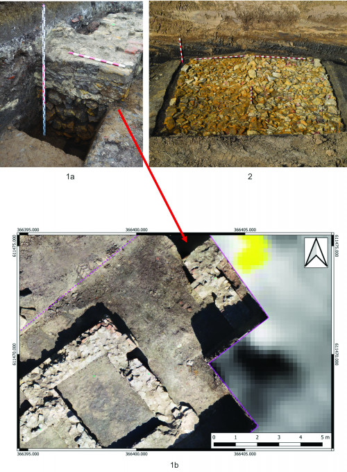 Fig. 3. Detalii referitoare la structura de rezistență a fundației turnului de est al porții de nord a castrului de la Sutor (1a-b) și analogiile în ceea ce privește sursa de piatră cu drumul imperial Napoca – Porolissum cercetat în campania 2021 (2).