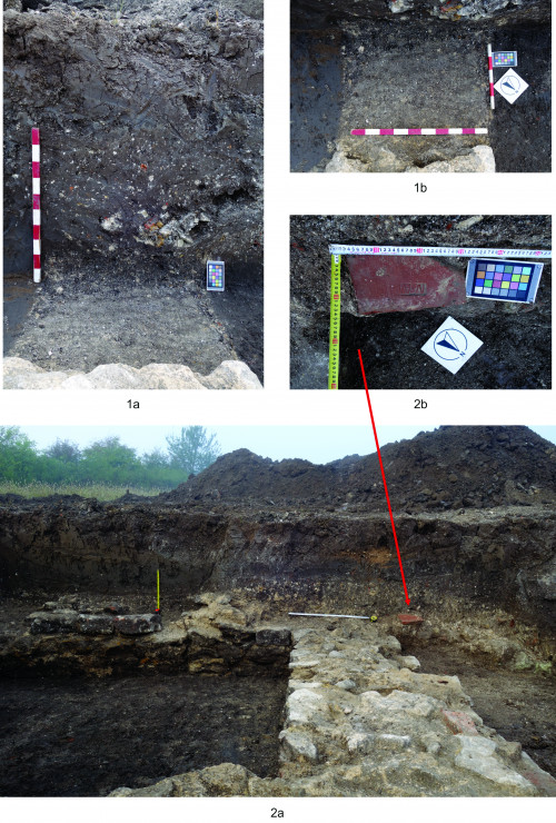 Fig. 4. Detalii ilustrând groapa de scoatere a zidului castrului din zona turnului de vest al porții de nord a castrului de la Sutor (1a-b) împreună cu detalii prezentând o cărămidă ștampilată purtând inscripția NMO, descoperită in situ (2a-b).