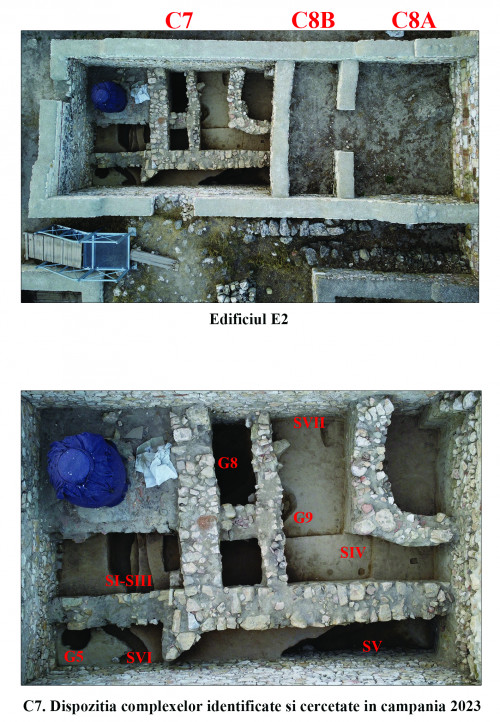 Fig. 2. Edificiul E2 și încăperea C7- detalii ale complexelor identificate.