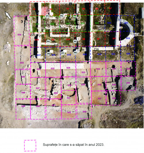 Fig. 1. Ortofotoplan al săpăturii din 2023 cu suprapunerea planului suprafețelor cercetate.