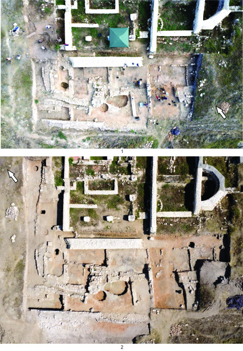 Fig. 2 - 1. Fotografie oblică din dronă de la începutul săpăturii în campania 2023; 2. Ortofotoplan de la finalizarea săpăturii în anul 2023.