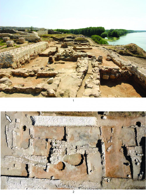 Fig. 3 - 1. Edificul cu peristil, vedere dinspre vest spre est; 2. Edificiul cu peristil, ortofotoplan.