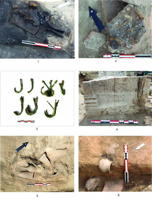 Fig. 7. Artefacte descoperite in situ în cadrul campanei 2023: 1. Cazma (S23); 2. Sapă (S36); 3. Cărlige de pescuit (Groapa G1 - S47); 4. Stela funerară fragmentară cu inscripție (S53); Amforete sparte pe loc (Strada β - S39); 6. Pahar din ceramică (S28).