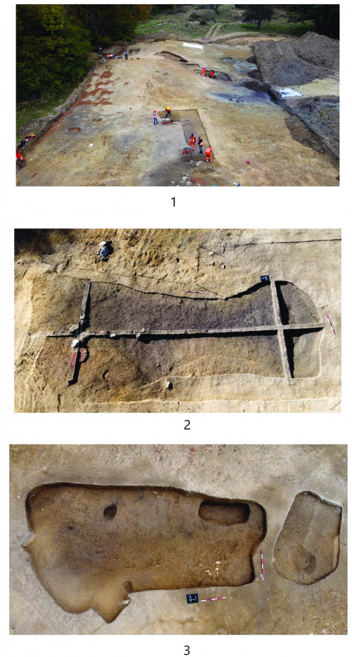 Fig. 3. 1 – Fotografie din timpul cercetărilor arheologice; 2 – Cx.17–18; 3 – Cx.6, Cx. 4.