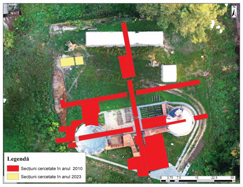 Fig. 1. Planul cetății cu suprafețele cercetate în anul 2010 și anul 2023.