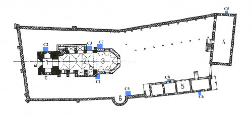 Fig. 1. Planul ansamblului bisericesc și amplasarea casetelor.